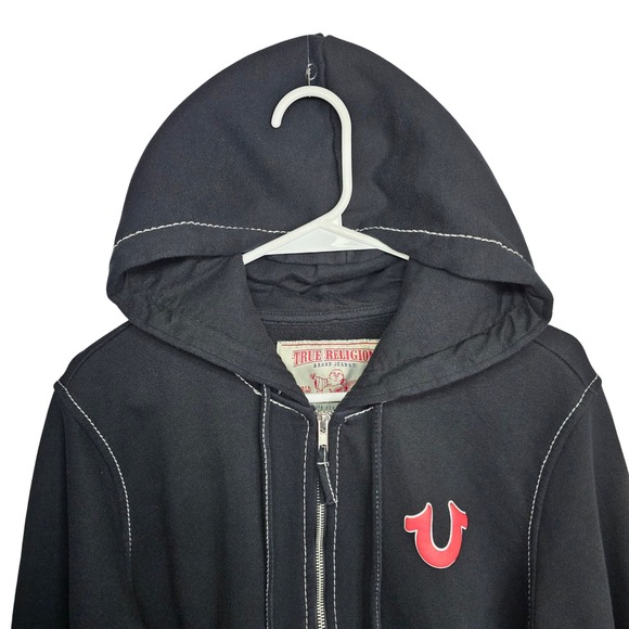 True Religion Hoodie Black Full Zip World Tour Red Logo Mens Medium M - Picture 4 of 14